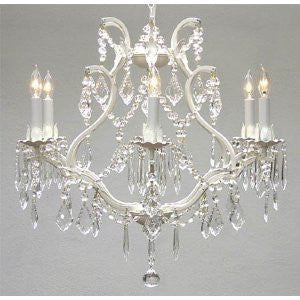 White Wrought Iron Crystal Chandelier Lighting H 19" W 20" Swag Plug In-Chandelier W/ 14' Feet Of Hanging Chain And Wire - A83--B17/White/3530/6