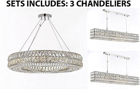 Set Of 3-1 Crystal Nimbus Ring Chandeliers Modern/Lighting Pendant 32" Wide And 2 Crystal Nimbus Linear Chandeliers Modern/Lighting Pendant 48.5" Wide - Good For Dining Room Foyer Entryway - 1 Ea Gb104-3063/12 + 2 Ea Gb104-3063/10