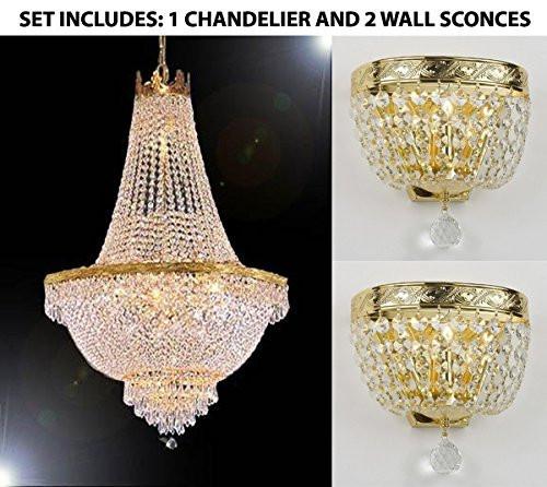 Set Of 3 - 1 French Empire Crystal Chandelier Lighting H30" X W24" And 2 Empire Crystal Wall Sconce Lighting W 9.5" H 9" D 5" - 1Ea-870/9 + 2Ea-Wallscone/3/3 Gd W/C A500-