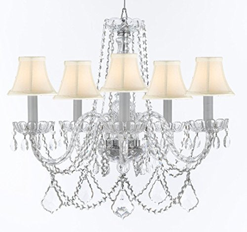 Murano Venetian Style Chandelier Crystal Lights Fixture Pendant Ceiling Lamp for Dining Room, Bedroom, Entryway , Living Room with Large, Luxe, Diamond Cut Crystals! H25" X W24" w/ White Shades - A46-WHITESHADES/B94/B89/384/5DC