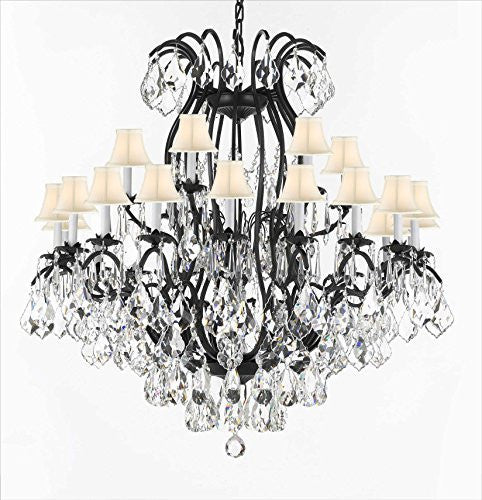 Swarovski Crystal Trimmed Chandelier Wrought Iron Crystal Chandelier Lighting With White Shades H52" W46" - A83-Sc/Whiteshade/3034/18+6Sw