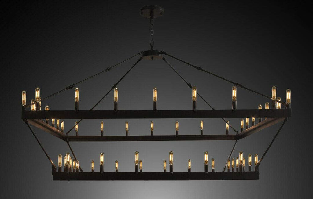 Wrought Iron Vintage Barn Metal Castile Two Tier Square Chandelier Chandeliers Industrial Loft Rustic Lighting W 63" H 60" - G7-3428/52