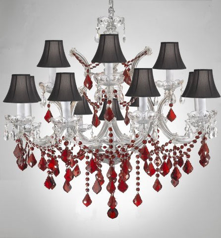 Chandelier Crystal Lighting H30" X W28" W/ Ruby Red Crystal & Black Shades - A83-B2/Sc/Silver/21532/12+1