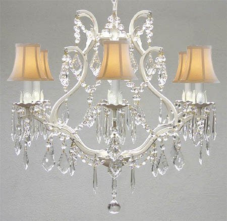 Swarovski Crystal Trimmed Chandelier Wrought Iron Crystal Chandelier Lighting H 19" W 20" - With White Shades - A83-Whiteshades/White/3530/6 Sw