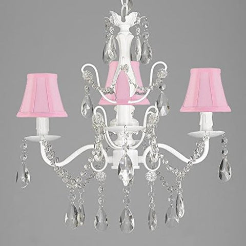 Wrought Iron and Crystal 4 Light White Chandelier H 14" X W 15" Pendant Fixture Lighting Hardwire and Plug In with Shades - J10-SC/SCL-01490CW/PINK