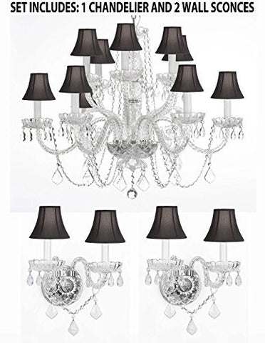 Three Piece Lighting Set - Crystal Chandelier H27" X W32" And 2 Wall Sconces With Black Shades - 1Ea Blkshd/385/6+6 +2Ea Blkshd/B12/2/386