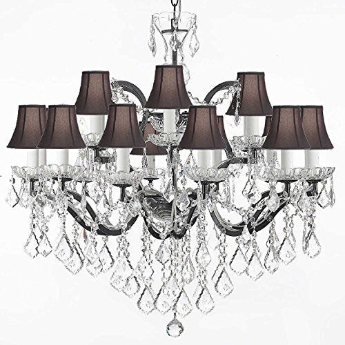 Swarovski Crystal Trimmed Chandelier 19Th C. Baroque Iron & Crystal Chandelier Lighting With Black Shade H 28" X W 30" - A83-Blackshades/995/18Sw