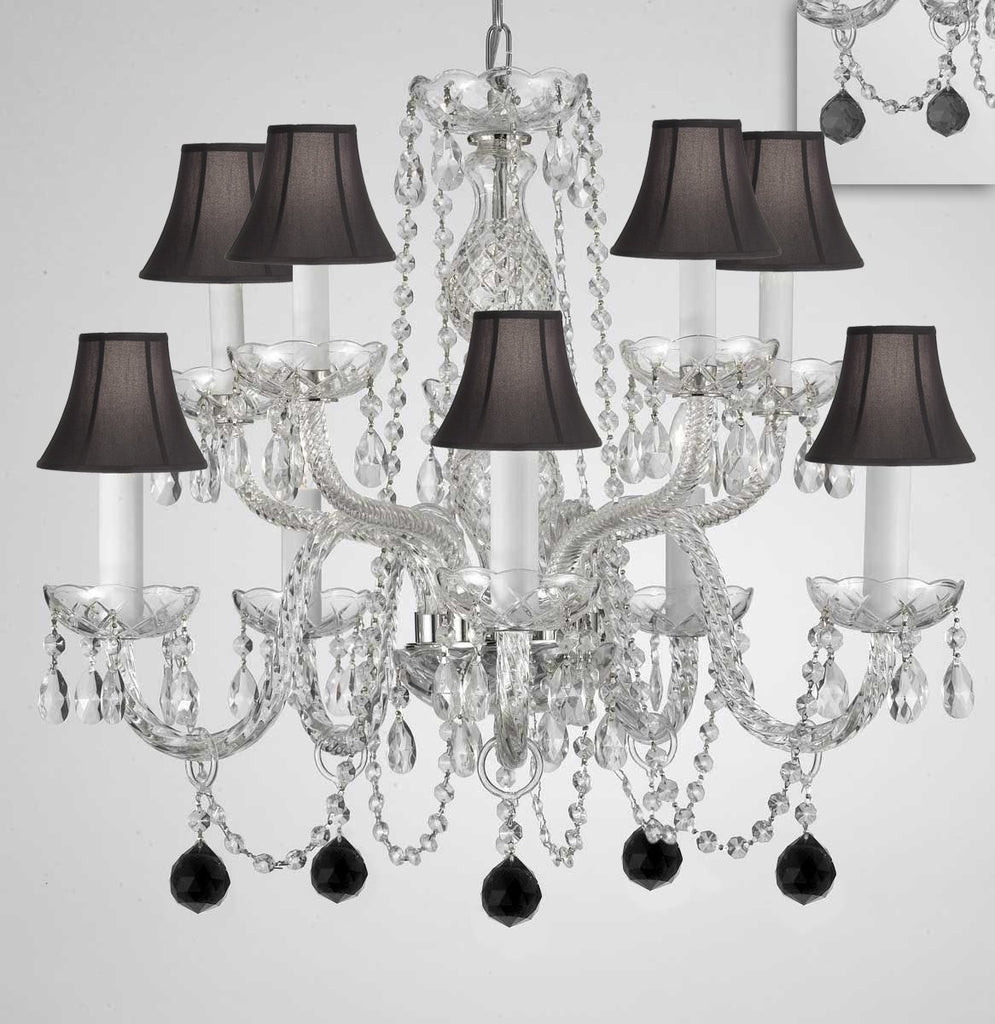 Chandelier Lighting Crystal Chandeliers H25" X W24" 10 Lights - Dressed w/ Jet Black Crystal Balls! Great for Dining Room, Foyer, Entry Way, Living Room, Bedroom, Kitchen! w/Black Shades - G46-B95/BLACKSHADES/CS/1122/5+5