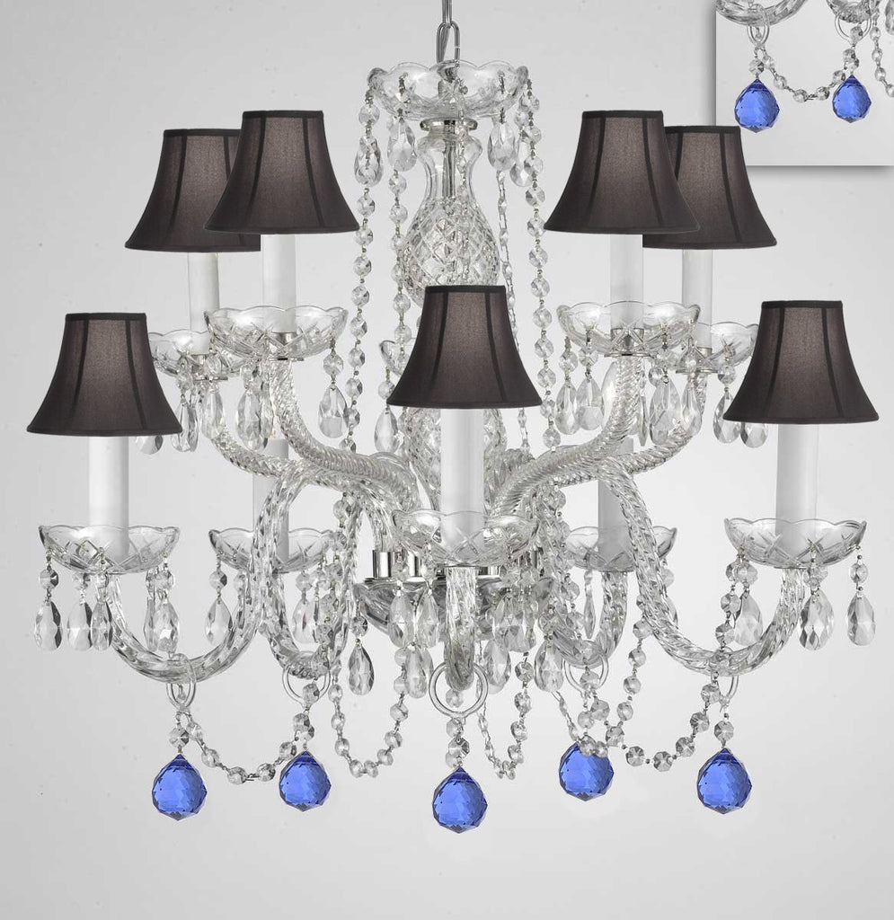 Chandelier Lighting Crystal Chandeliers H25" X W24" 10 Lights - Dressed w/ Blue Crystal Balls! Great for Dining Room, Foyer, Entry Way, Living Room, Bedroom, Kitchen! w/Black Shades - G46-B99/BLACKSHADES/CS/1122/5+5