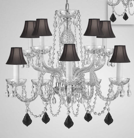 Chandelier Lighting Crystal Chandeliers H25" X W24" 10 Lights - Dressed w/ Jet Black Crystals! Great for Dining Room, Foyer, Entry Way, Living Room, Bedroom, Kitchen! w/Black Shades - G46-B97/BLACKSHADES/CS/1122/5+5