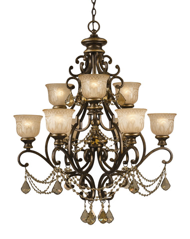 9 Light Bronze Umber Traditional Chandelier Draped In Golden Teak Hand Cut Crystal - C193-7509-BU-GT-MWP