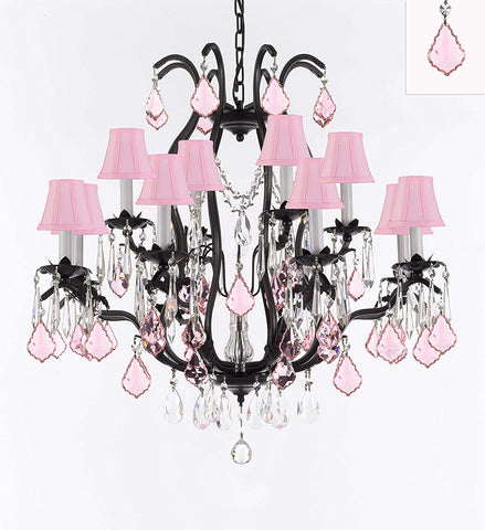 Wrought Iron Crystal Chandelier Lighting Chandeliers H30" x W28" Dressed with Swarovski Crystals and with Pink Crystals and Pink Shades! Great for Bedroom, Kitchen, Dining Room, Living Room, and more! - F83-B110/PINKSHADES/3034/8+4SW