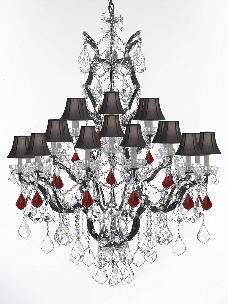 19th C. Baroque Iron & Crystal Chandelier Lighting Dressed with Ruby Red Crystals H 52" x W 41" - Great for the Dining Room, Foyer, Entry Way, Living Room w/Black Shades - G83-B98/BLACKSHADES/996/25