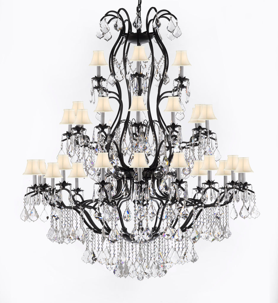 Swarovski Crystal Trimmed Chandelier Large Foyer / Entryway Wrought Iron Chandelier Lighting With Crystal And White Shade H60" X W52" - A83-Sc/Whiteshade/3031/36Sw