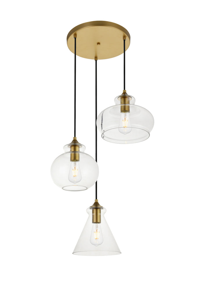 ZC121-LD2247BR - Living District: Destry 3 Lights Brass Pendant With Clear Glass